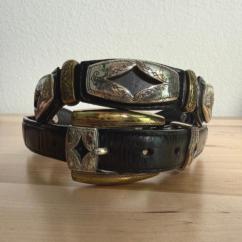 Brighton Reversible Concho Belt Black Leather Mixed Metal Western 35” Medium - Picture 1 of 6